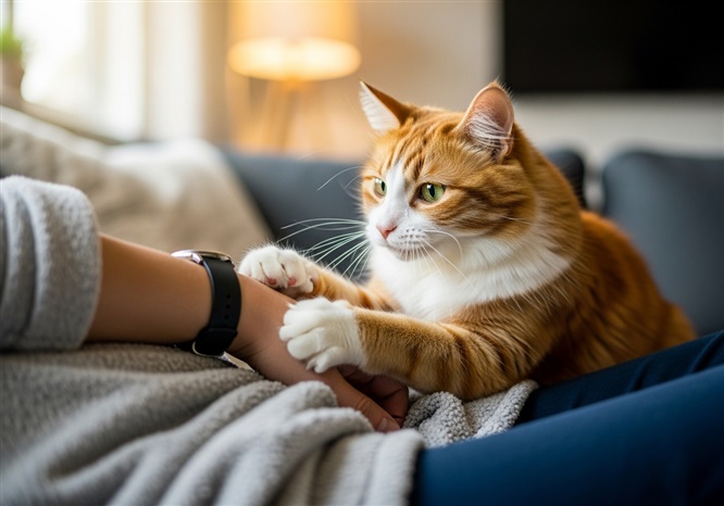 猫が飼い主の腕にじゃれついている