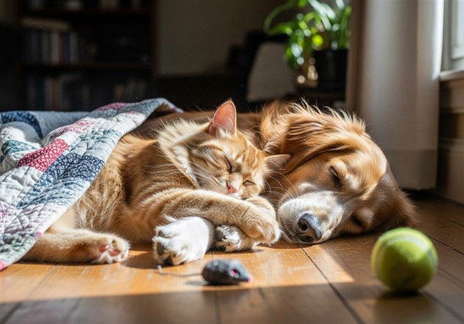 猫と犬が一緒に寝ている
