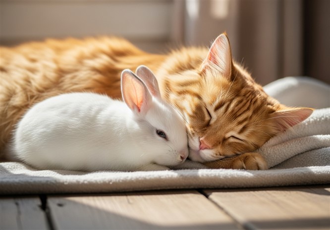 猫とウサギが寝てる