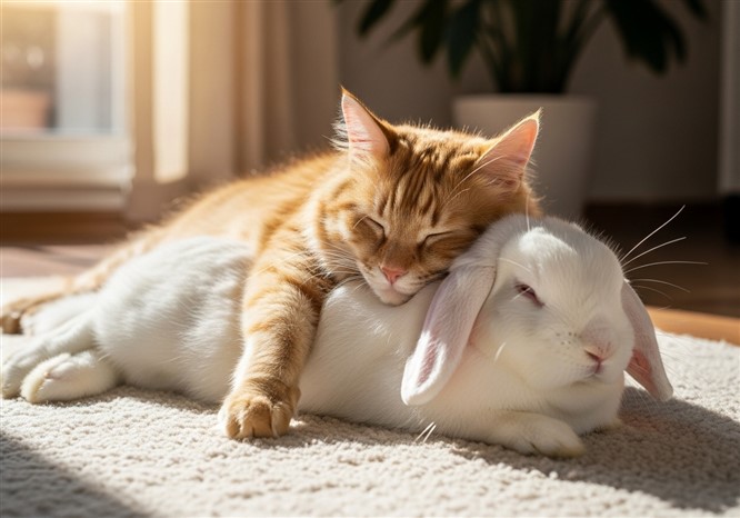 猫とウサギが寝てる