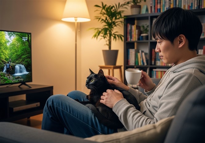 スクリーンを見つめる猫