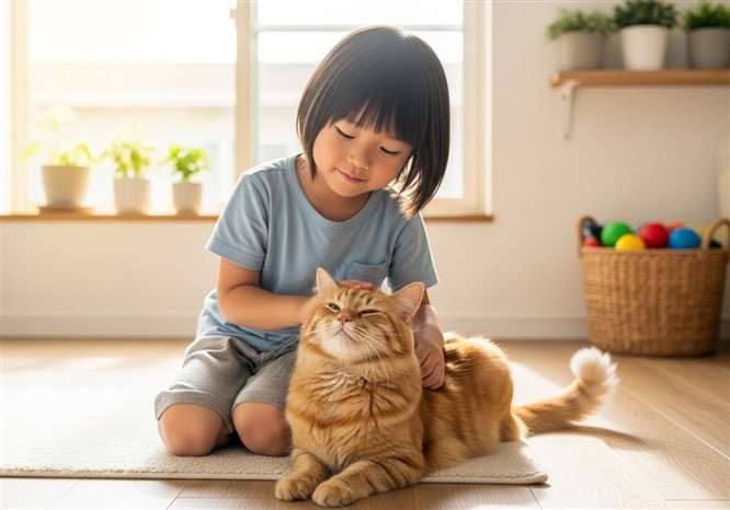 子供が猫をなでている