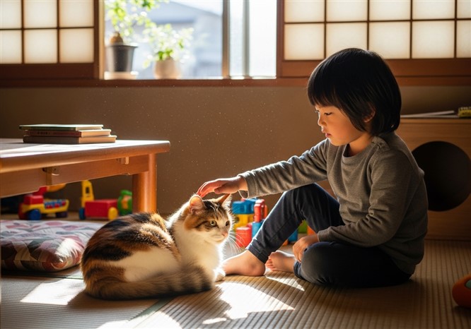 猫と子供が遊んでいる