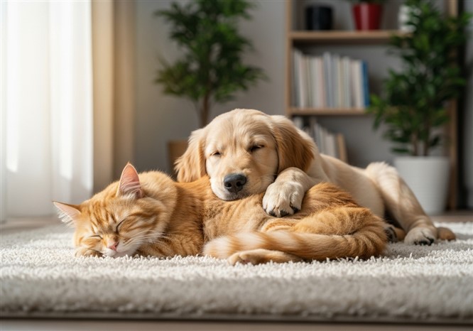 猫と犬が一緒に寝ている