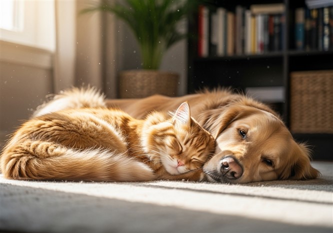 猫と犬が一緒に寝ている