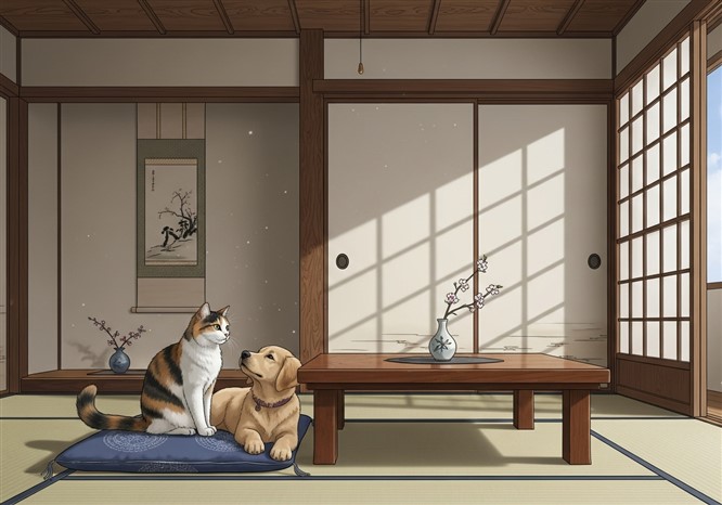 猫と犬と和室
