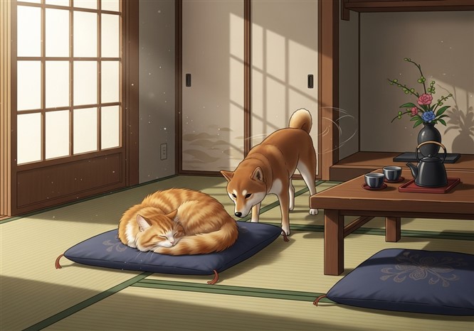 茶トラと犬と和室