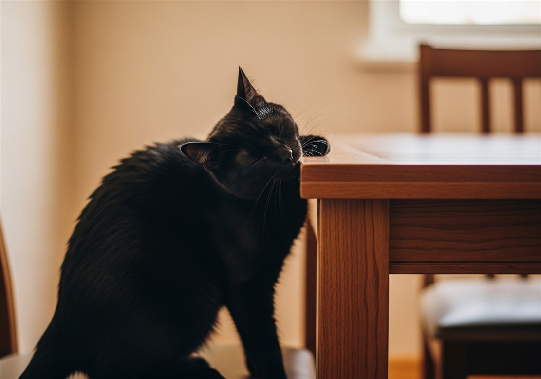 猫がテーブルに身体をこすりつけている