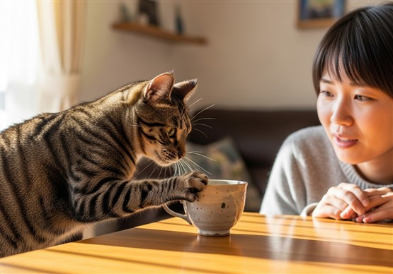 猫がテーブルからカップを落とす