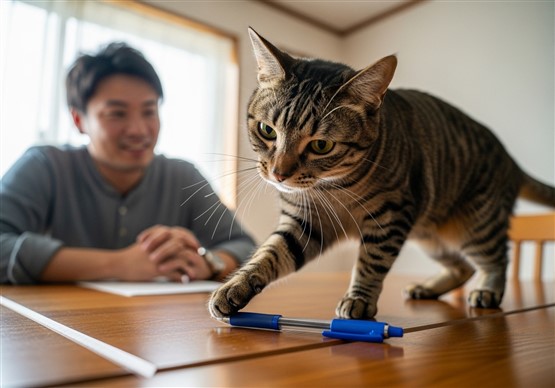 猫がテーブルからボールペンを落とす