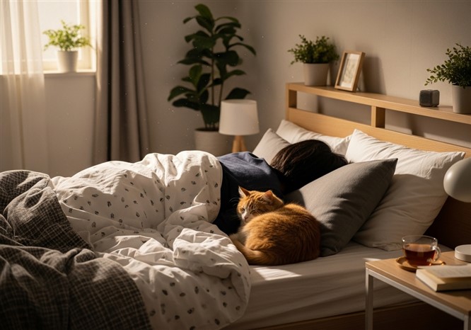 猫がベッドで寝ている