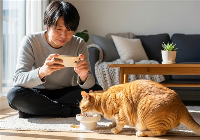 猫がご飯をたべている