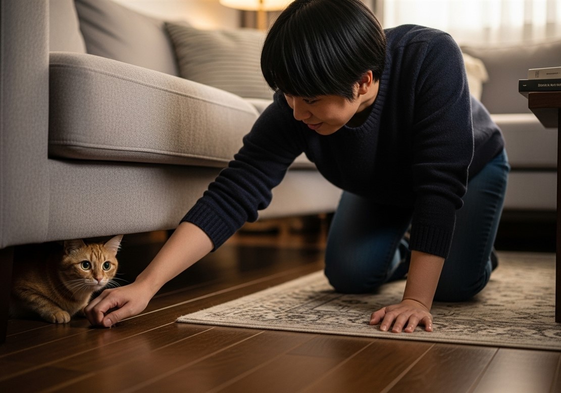 猫がソファの下にいる