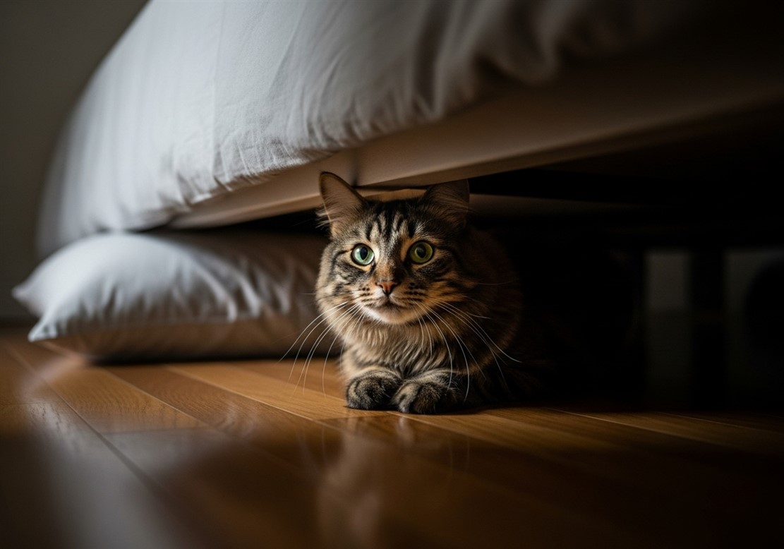 猫がベッドの下に隠れている