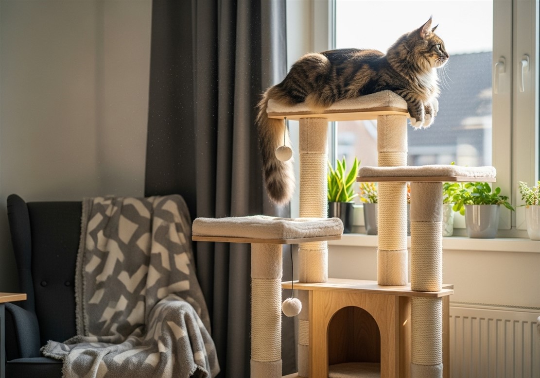 猫がキャットタワーにいる