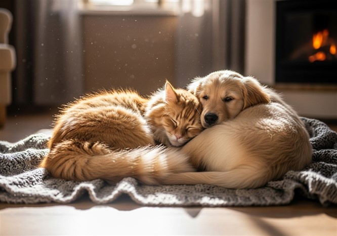 猫と犬が一緒に寝ている