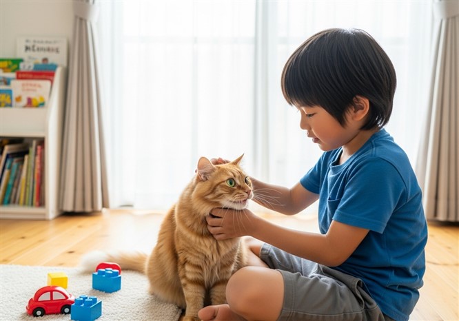 日本人の子どもと猫が仲良くなる