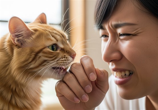 猫が人の手を甘噛みしている