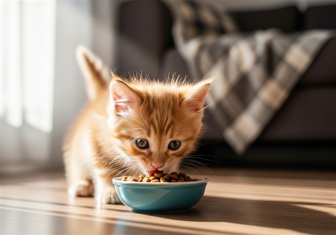 子猫が食べているところ