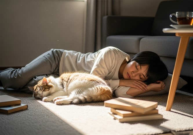 猫と添い寝をしている