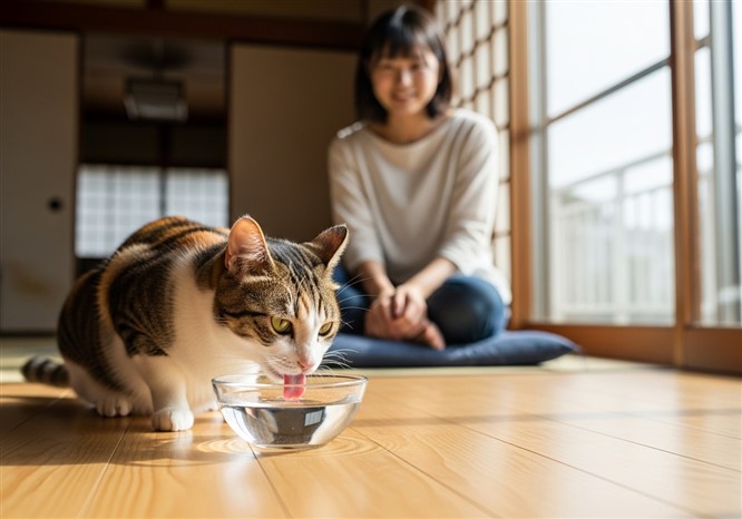 猫が水を飲んでいる