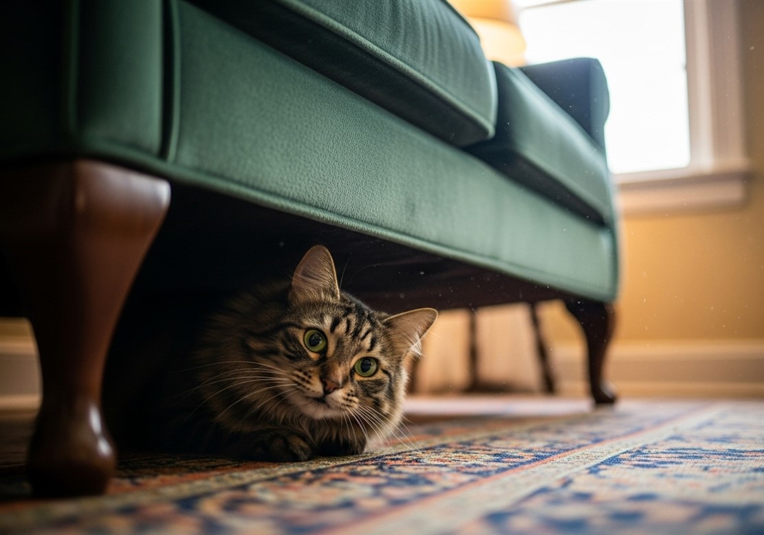 猫がベッドの下に隠れている