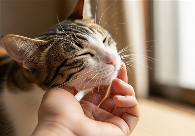 猫が日本人の足にスリスリする